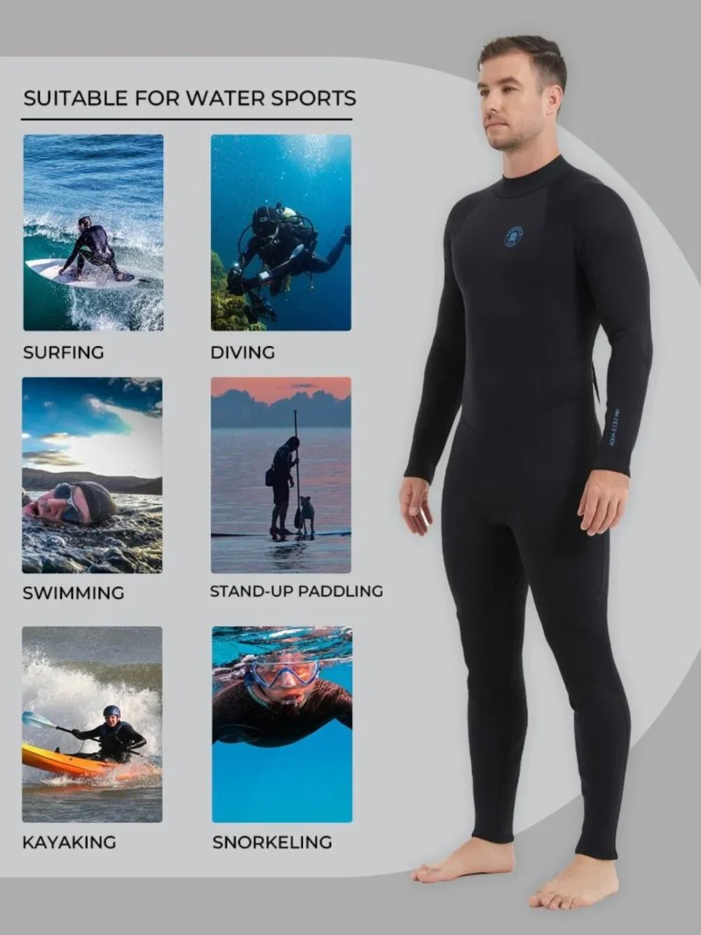 Men's Full Wetsuit 3/2mm & 5/4mm - Front Zip for Diving, Surfing, Snorkeling